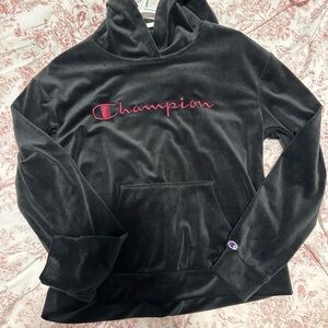 Champion Black velour Hoodie with Pink Logo